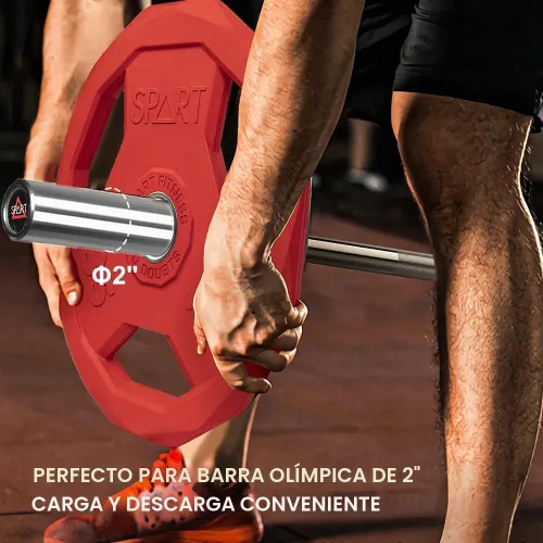 Vista 5 de SPART Placa de peso con código de color de 2 pulgadas, placa de agarre olímpico con revestimiento de goma para barra, placas de peso de hierro 9.9