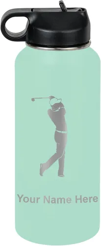 Vista 66 de LaserGram Botella de agua personalizada, golfista de golf, acero inoxidable de doble pared aislada al vacío con popote superior, regalo grabado Negro