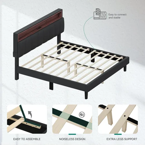 Vista 7 de YITAHOME Base de cama de tamaño matrimonial, marco de cama LED con cabecera tapizada de almacenamiento, cama de plataforma con salida y puertos USB