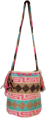 Vista 4 de Mochila Wayuu colombiana 100 % auténtica, hecha a mano, producto artesanal, bolsa de viaje cruzada de diseño único, estilos multicolor..
