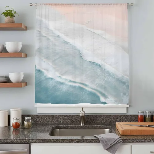 Vista 5 de Cortinas traslúcidas de playa de 63 pulgadas de largo, panel de cortina traslúcida para sala de estar, cortinas de cocina con bolsillo para barra