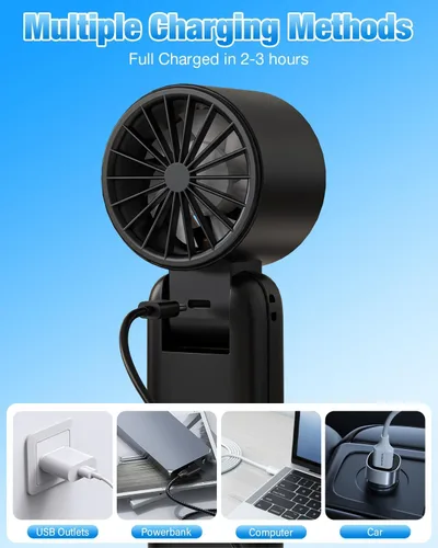 Vista 8 de Ventilador turbo portátil de mano 4 en 1, mini ventilador plegable de 180° de 6 velocidades (1-100), batería recargable de 5000 mAh hasta 15 horas