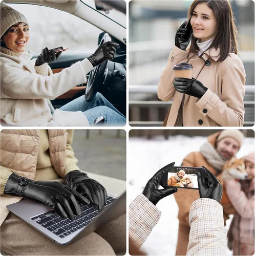Vista 7 de Guantes de cuero de invierno para mujer, con pantalla táctil, guantes cálidos de piel de cordero