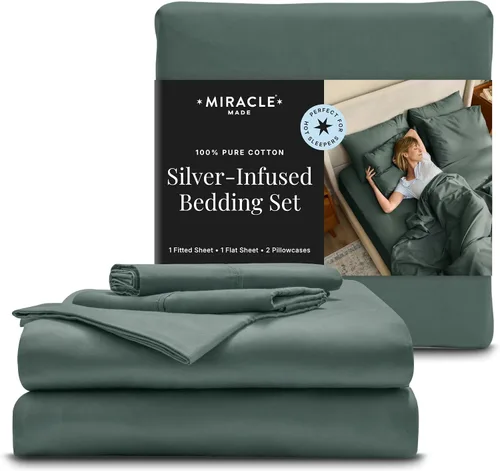 Vista 9 de Miracle Made Luxe - Juego de sábanas refrescantes y suaves, 4 piezas, tela de algodón con infusión de plata, ropa de cama ligera e hipoalergénica