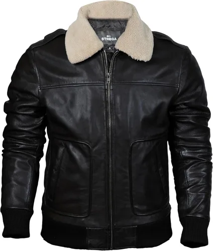 Vista 4 de STREGA Chaqueta de cuero para hombre, chaqueta bomber de piel de cordero genuina para hombre, color marrón con cuello Sherpa extraíble, chaqueta