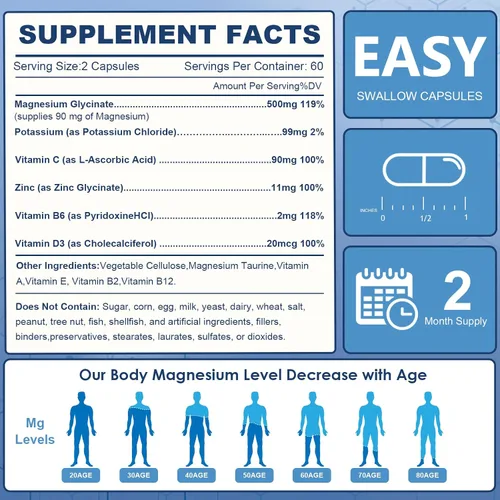 Vista 6 de NATURE TARGET Glicinato de Magnesio 500mg, Magnesio Quelado con Zinc y Vitamina D3 para Músculos, Nervios y Huesos, Apoya la Salud del Corazón