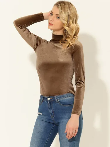 Vista 3 de Allegra K Blusa básica de terciopelo de manga larga con cuello alto para mujer
