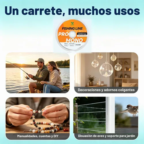 Vista 9 de Monofilament Fishing Line, Invisible Nylon Wire, Knot Guide Cards Transparente