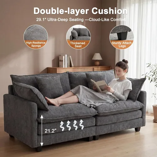 Vista 4 de Juego de sofá de 77" de chenilla en forma de nube con cojines, sofá cama de asiento profundo para apartamentos, 2 plazas que ahorra espacio con Gris