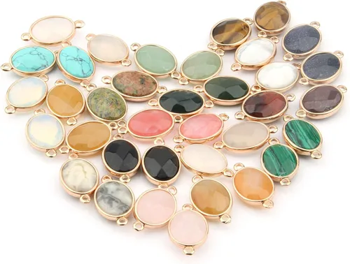 Vista 2 de LE SKY Conectores de piedra natural con forma de huevo facetado, dijes de ágata negra para hacer joyas, collares, pulseras, 10