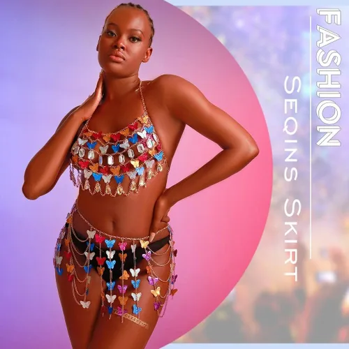 Vista 6 de Cadena de cuerpo con borlas y lentejuelas, falda de mariposa dorada colorida en capas, para fiesta en la playa, accesorios ajustables