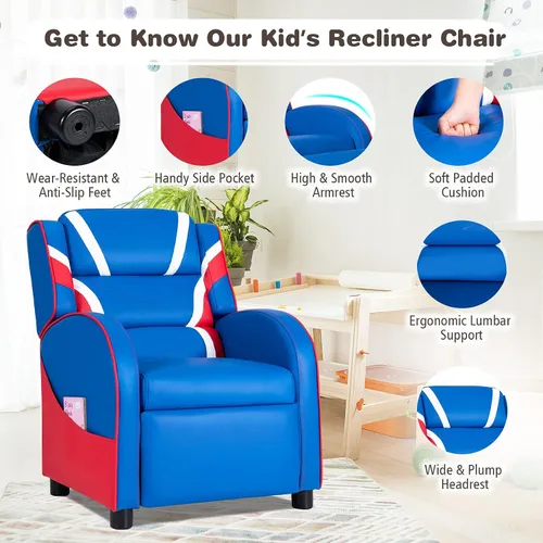 Vista 7 de Costzon Silla reclinable para niños, silla reclinable para juegos con reposapiés, reposacabezas, soporte lumbar y bolsillos laterales, silla