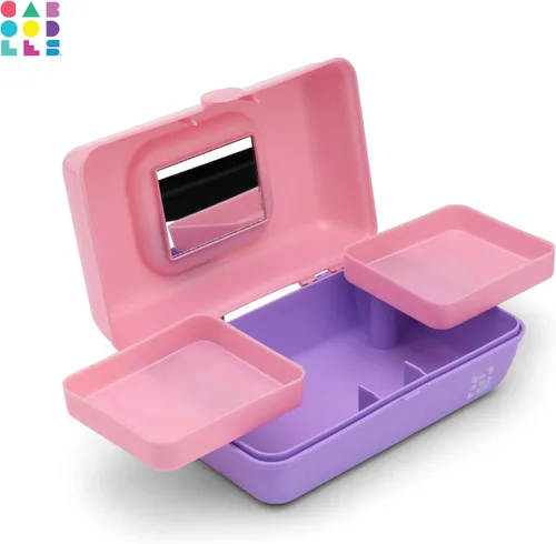 Vista 7 de Caboodles Pretty in Petite - Caja de maquillaje de dos tonos rosa sobre lavanda, caja organizadora de plástico duro, 2 bandejas giratorias, espejo