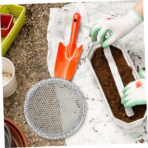 Vista 4 de Toddmomy Tamiz de malla fina de acero inoxidable rotativo tamiz de suelo para jardín, tamiz de suelo redondo para el hogar, cocina, tamiz multiusos