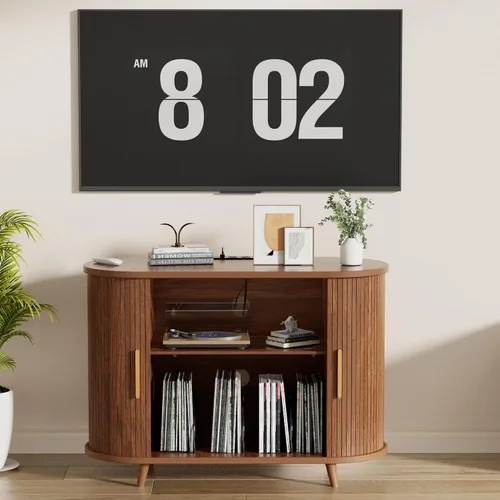 Vista 5 de Soporte grande para tocadiscos con luces LED, almacenamiento de discos de vinilo con estación de carga y puertos USB, gabinete para tocadiscos