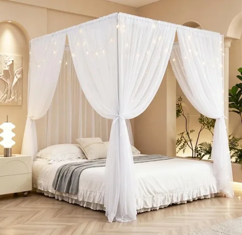 Vista 9 de Akiky Cortinas de Cama con Dosel con Luces de 4 Postes Esquineros para Adultos y Niñas, Cortinas de Cama con Red de Arcoíris - 8 Paneles