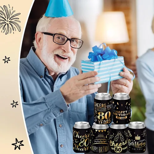 Vista 5 de Umigy 24 fundas de neopreno para latas de cumpleaños de 80 a 80 años, decoraciones de cumpleaños, regalos de fiesta, regalo para hombres y mujeres