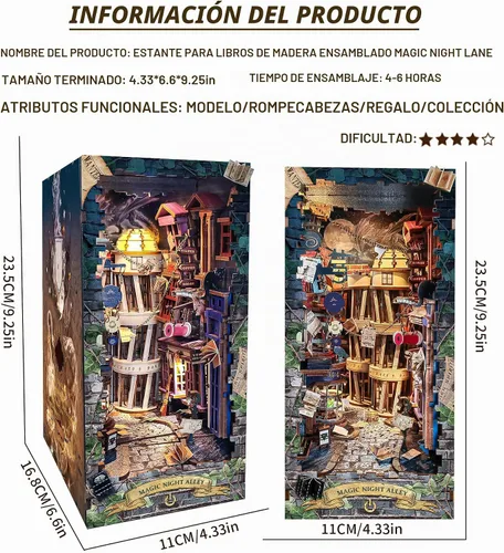 Vista 2 de Spilay - Kit de rincón de libro para adultos, Magic Night Lane DIY Kit de casa en miniatura With Warm LED Light, DIY Wooden Craft for Bookshelf
