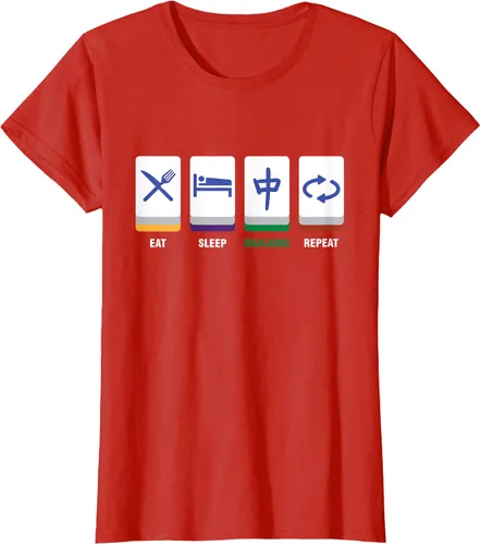 Vista 22 de Camiseta Mahjong Lover Eat Sleep Mahjong Tiles, Negro, S