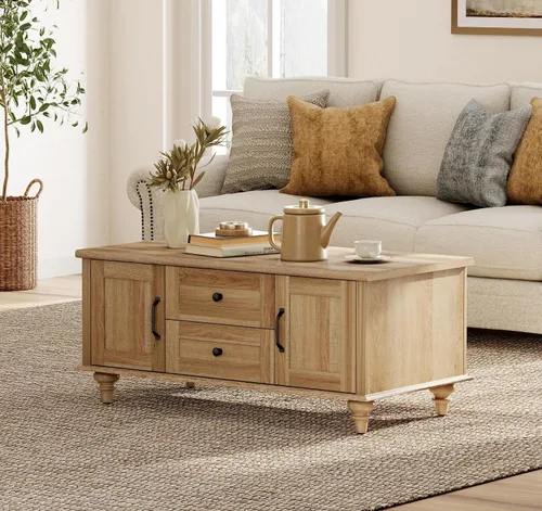 Vista 3 de WAMPAT - Mesa de café de granja con gabinete de almacenamiento, mesas de café de madera para la sala de estar, mesa de té rústica rectangular