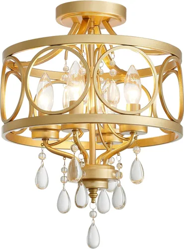 Vista 10 de Lámpara de techo de cristal, moderna lámpara de araña pequeña, lámpara de techo semiempotrada dorada de granja, accesorios de iluminación de pasillo