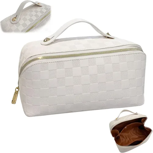 Vista 3 de Bolsa de cosméticos de viaje de gran capacidad con asa y divisor - Bolsa de maquillaje multifuncional para un fácil acceso, impermeable, Luz marrón.