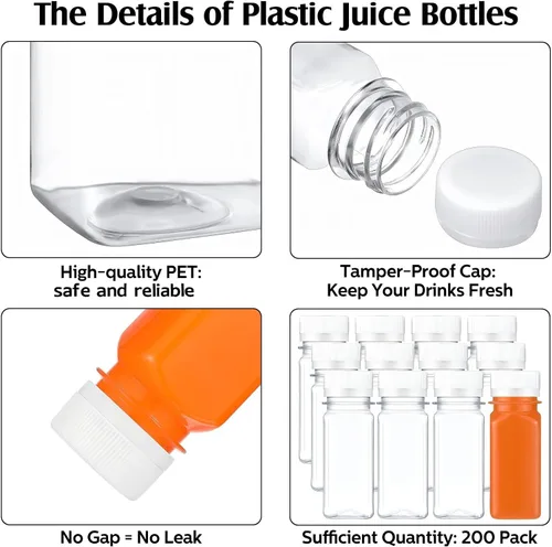 Vista 3 de Sliner 200 botellas pequeñas de plástico de 2 onzas para jugo, botella de jugo de jengibre con tapas, recipiente reutilizable transparente