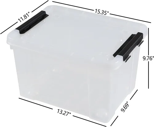 Vista 2 de Paquete de 4 contenedores de plástico transparente de 23 L con ruedas y pestillos Contenedores de almacenamiento transparentes con tapa, diseño