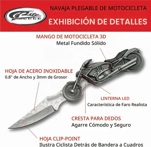 Vista 2 de Rite Edge - Cuchillo plegable para motocicleta de 4.75 pulgadas, hoja de acero inoxidable grabada, mango de metal fundido, luz LED integrada