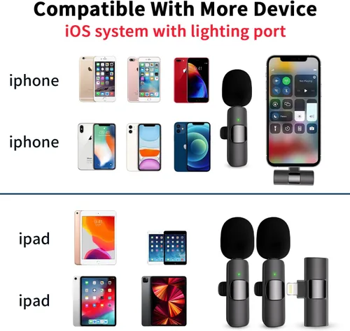 Vista 2 de Micrófono de solapa profesional inalámbrico Lavalier para iPhone, iPad, micrófono de grabación de condensador omnidireccional inalámbrico