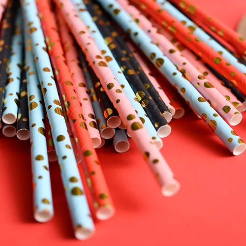 Vista 6 de 100 pajitas de papel mixtas para fiestas, color negro, rosa claro, azul, rojo, dorado, con lunares, burbujas, para cumpleaños, baby shower, boda