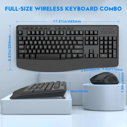 Vista 2 de Combo de teclado y mouse inalámbricos, E-YOOSO 2.4GHz, teclado inalámbrico ergonómico de tamaño completo con reposa muñecas, mouse USB inalámbrico