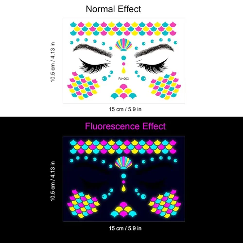 Vista 3 de Tatuajes faciales de neón que brillan en la oscuridad, tatuajes temporales con luz negra UV, calcomanías para cuerpo, cara, flores, tatuaje
