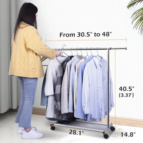 Vista 3 de MISSLO Percheros resistentes para colgar ropa perchero rack de ropa con ruedas de metal, ajustable, blanco y plateado