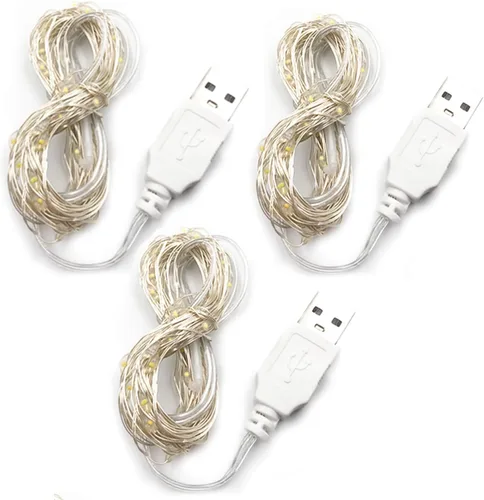 Vista 9 de Paquete de 3 luces de hadas USB, luces de cadena alimentadas por USB, color amarillo cálido, 2 metros, 20 lámparas con cuentas, luces LED