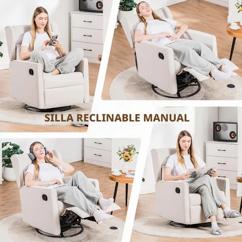 Vista 6 de COMHOMA - Silla mecedora tapizada en tela para cuarto de bebé, giratoria, reclinable, manual, para sala de estar, dormitorio u oficinas (marfil)