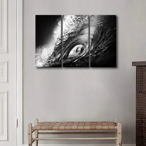 Vista 3 de Impresión fotográfica de paisajes oceánicos en blanco y negro, obra de arte en lienzo de paisaje marino, estirado y enmarcado, lienzo de ojo