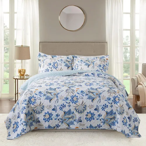 Vista 18 de NEWLAKE - Juego de cubrecama reversible de microfibra bordada con patrón floral en relieve en jacquard beige, tamaño queen