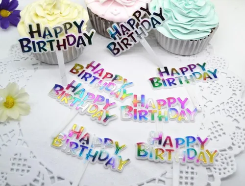 Vista 2 de Coloridos adornos para cupcakes de feliz cumpleaños, paquete de 50