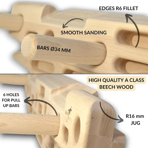 Vista 4 de FingerPeg 1.0 Hangboard – Tabla de entrenamiento de fingerboard para escalada con barras de dominadas – Elegante tabla de escalada de madera