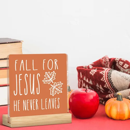 Vista 5 de Decoración rústica de otoño con texto en inglés "Fall for Jesus He Never Leeds", decoración rústica de otoño de Jesús para la oficina en casa
