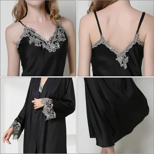 Vista 4 de Aivtalk Conjunto de 2 piezas de camisones y bata de satén para mujer, vestido sexy de seda