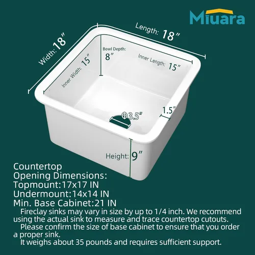 Vista 5 de Miuara Fregadero de barra de montaje inferior blanco de 18 pulgadas - Fregadero de cocina pequeño de montaje superior empotrable de 18"x18"x9