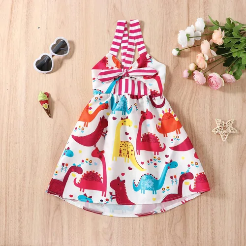 Vista 6 de Falda de verano para niñas pequeñas, con estampado de dinosaurio, sin mangas, correa sin espalda, vestido de 1 a 6 años