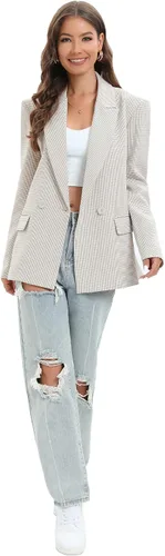 Vista 5 de TRNY Blazer de gran tamaño con doble botonadura para mujer, chaqueta de manga larga, casual, estilo novio, para trabajo, oficina, con bolsillos