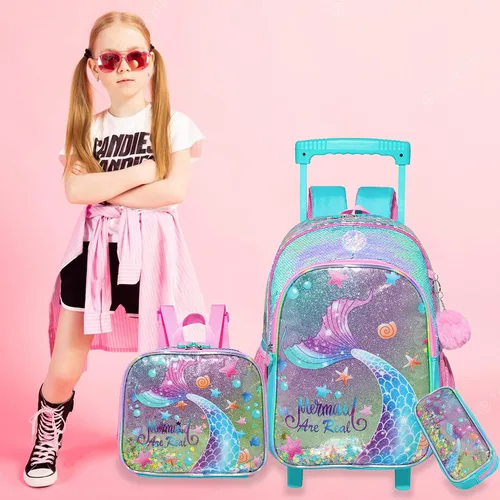 Vista 7 de Egchescebo Mochila de viaje para niños con ruedas transparentes para niñas, Blue-MRY, Mochilas tipo mochila