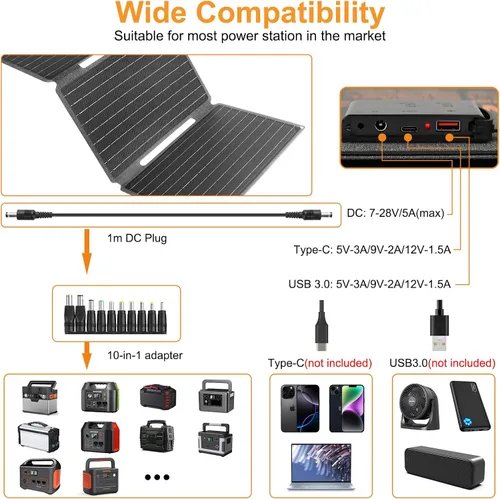 Vista 4 de Kit de panel solar plegable portátil de 30 W 18 V ETFE paneles solares cargador con USB 3.0, salidas tipo C y CC, carga rápida compatible