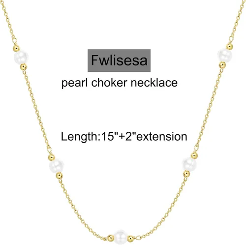 Vista 6 de Collares de perlas para mujer, gargantilla de perlas chapadas en oro de 14 quilates, collar de perlas de oro delicado, gargantilla de oro simple