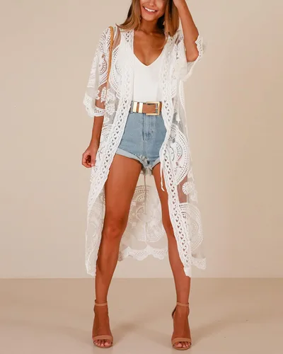 Vista 2 de JDiction Traje de baño para mujer, kimono, vestido largo de playa, con encaje floral, bikini