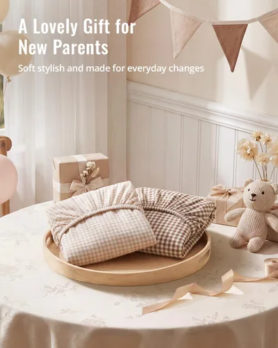 Vista 8 de Blissful Diary Muslin Crib Sheets, 2 Pack, Beige Gingham & Brown Gingham fitted for 52''x28'' crib mattress, soft and breathable cotton, boho